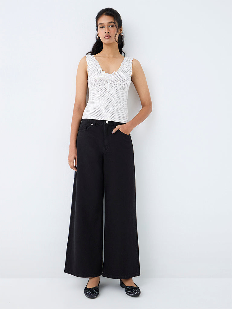 Nuon Black Solid Wide-Leg High-Rise Jeans