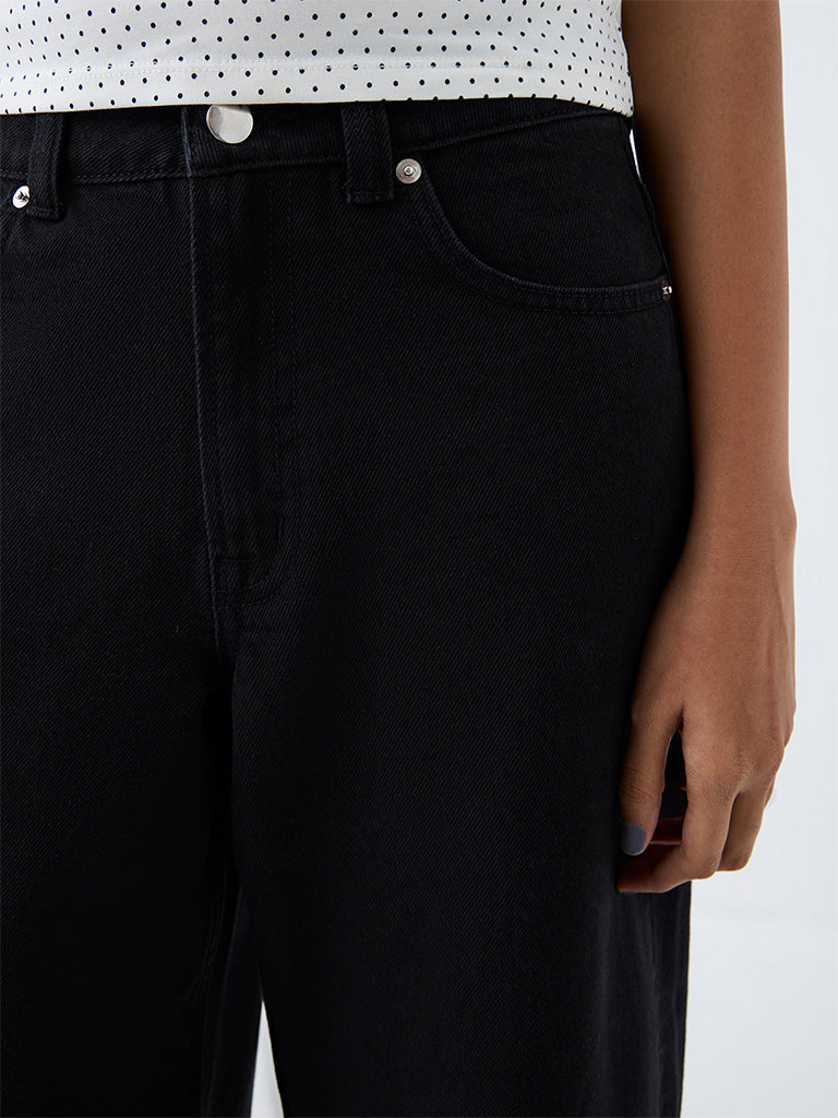 Nuon Black Solid Wide-Leg High-Rise Jeans
