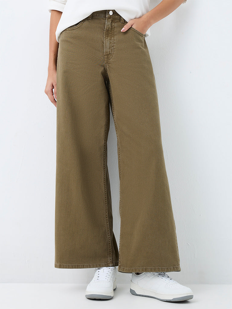 Nuon Olive-Wash High-Waist Wide Leg Fit Jeans