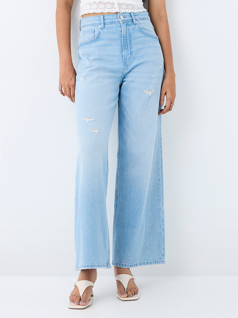 Nuon Light Blue Distressed High-Rise Jeans