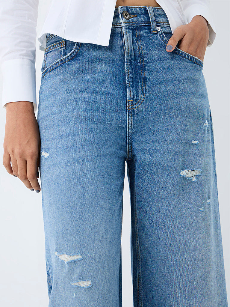 Nuon Blue Distressed Wide-Leg High-Rise Jeans