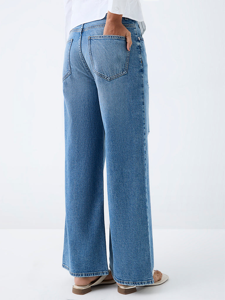 Nuon Blue Distressed Wide-Leg High-Rise Jeans