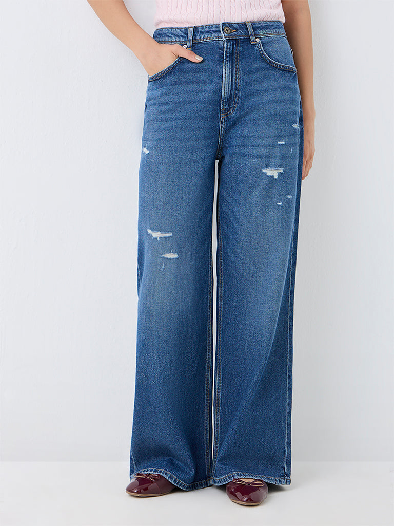 Nuon Dark Blue Wash High-Waist Jeans with Distressed Details