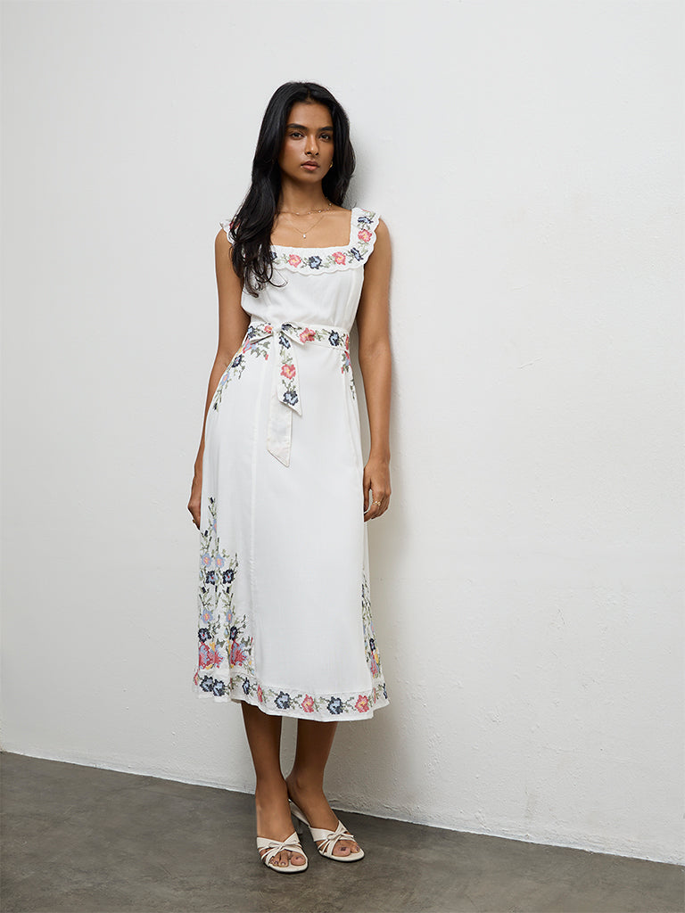 LOV Off-White Floral Embroidered Cotton A-Line Dress