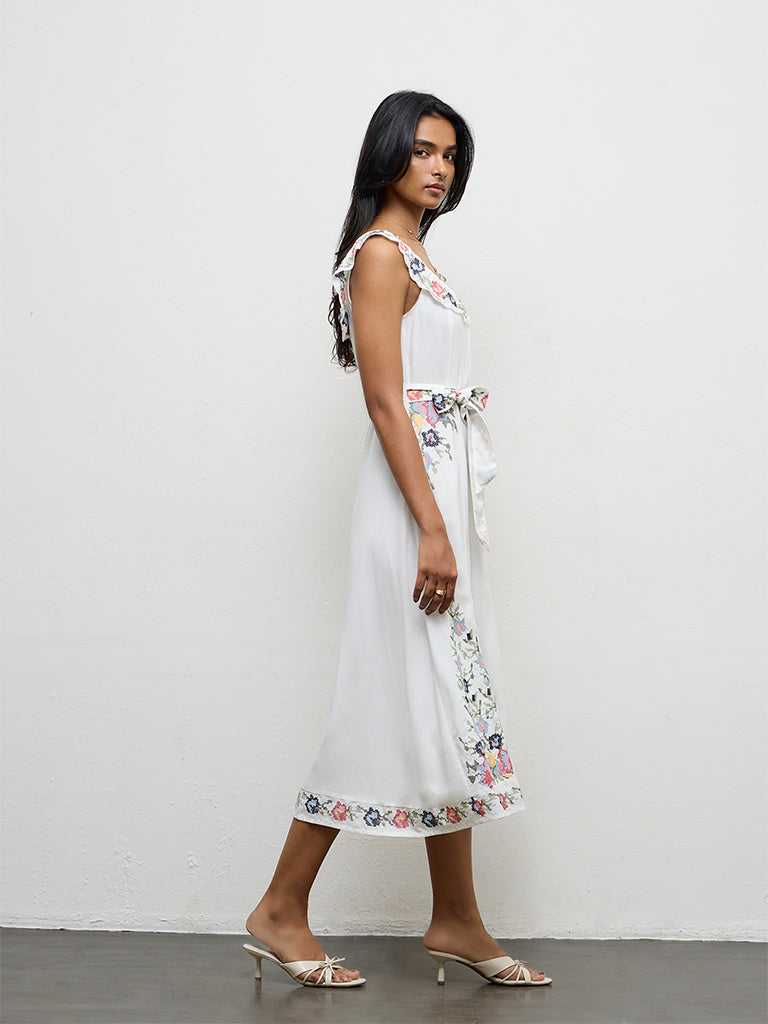 LOV Off-White Floral Embroidered Cotton A-Line Dress