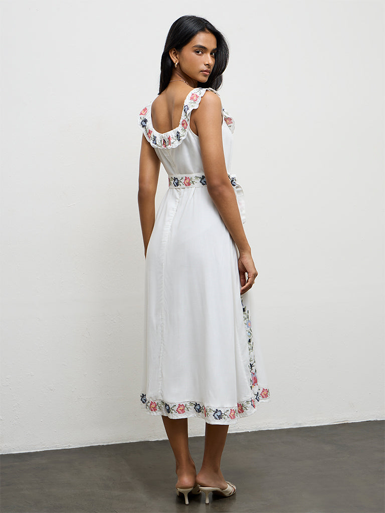 LOV Off-White Floral Embroidered Cotton A-Line Dress