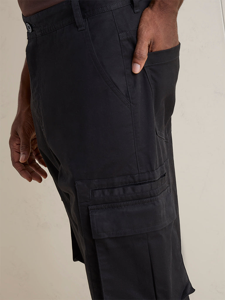 WES Casuals Black Relaxed-Fit Mid-Rise Cotton Cargo Pants