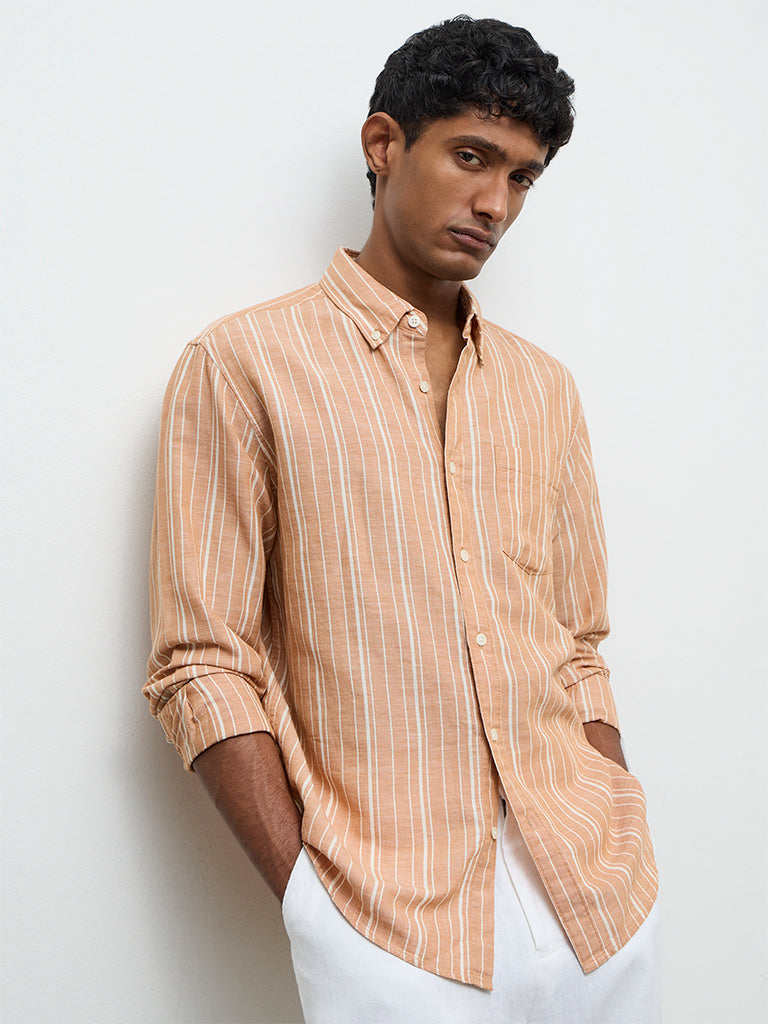 WES Casuals Peach Striped Relaxed-Fit Cotton-Blend Shirt