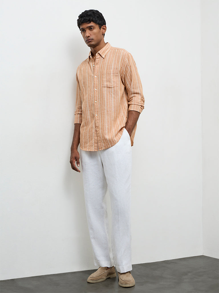 WES Casuals Peach Striped Relaxed-Fit Cotton-Blend Shirt