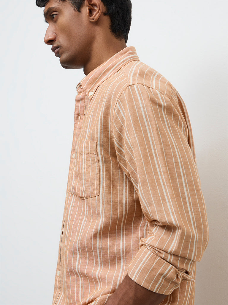 WES Casuals Peach Striped Relaxed-Fit Cotton-Blend Shirt