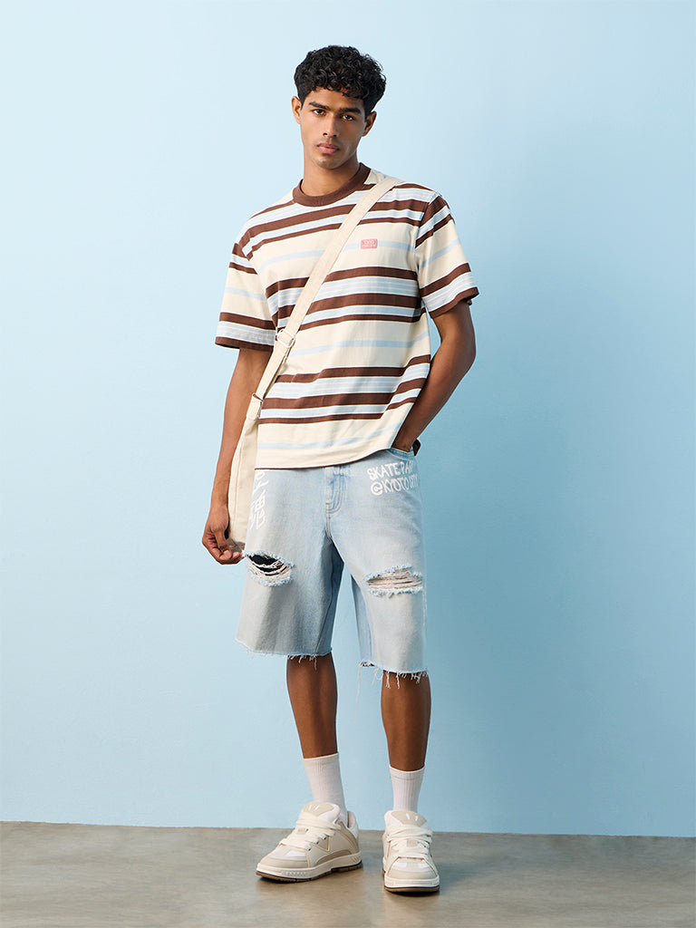 Nuon Off White Striped Relaxed-Fit Cotton T-Shirt