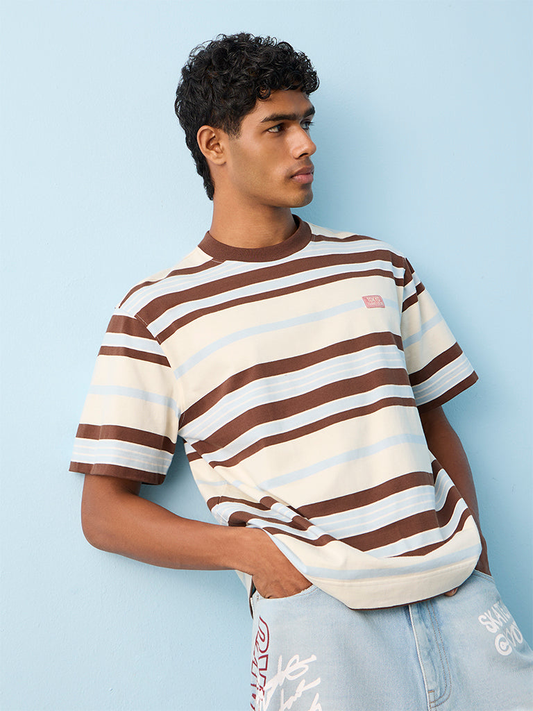 Nuon Off White Striped Relaxed-Fit Cotton T-Shirt