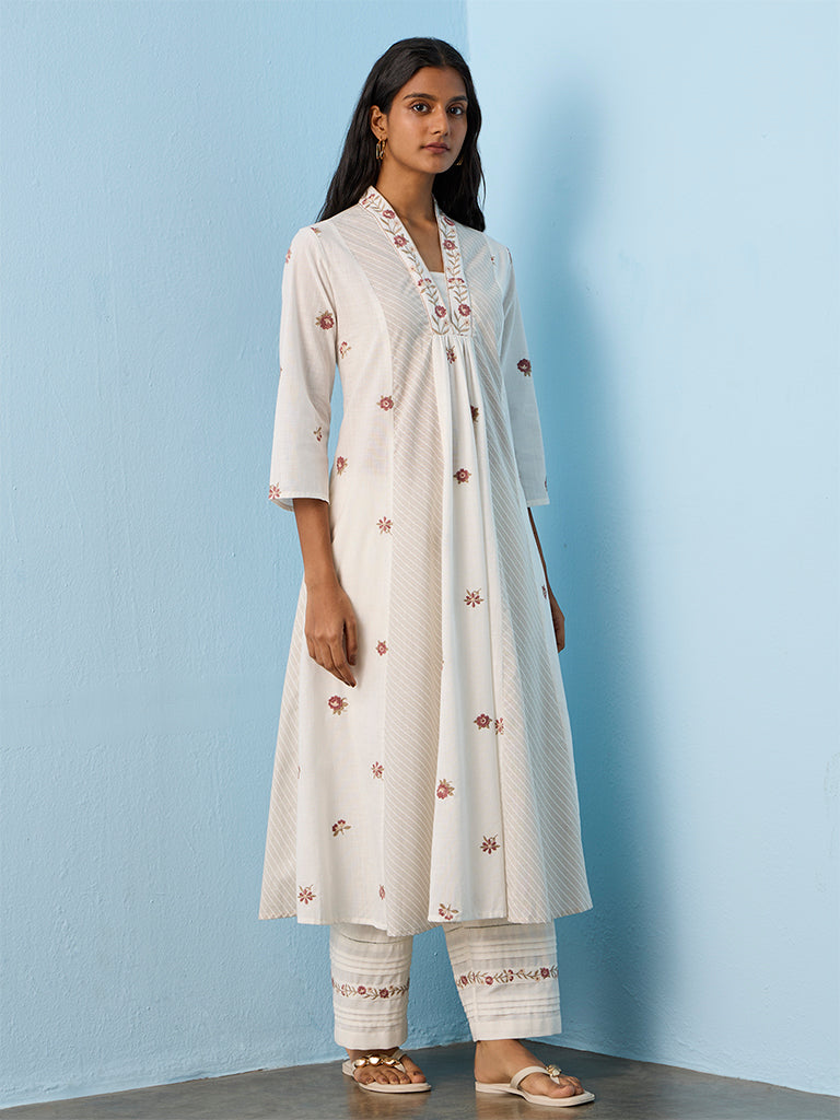 Utsa White Floral Embroidered Cotton A-Line Kurta