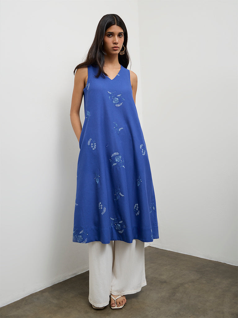 Utsa Indigo Floral Embroidered Cotton-Blend A-Line Kurta