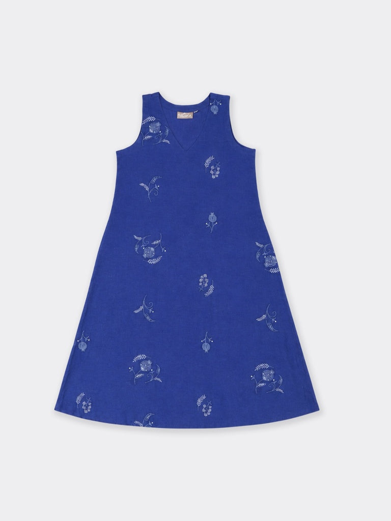 Utsa Indigo Floral Embroidered Cotton-Blend A-Line Kurta
