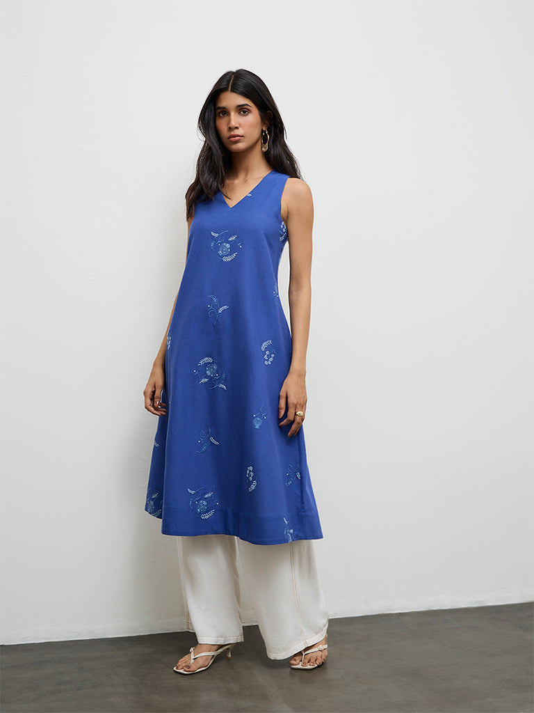 Utsa Indigo Floral Embroidered Cotton-Blend A-Line Kurta