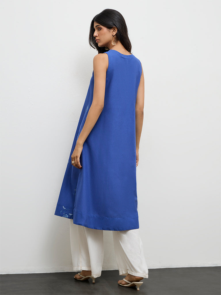 Utsa Indigo Floral Embroidered Cotton-Blend A-Line Kurta