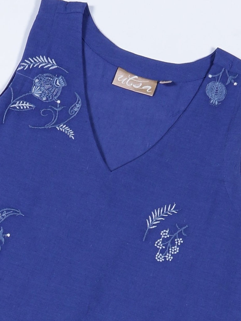 Utsa Indigo Floral Embroidered Cotton-Blend A-Line Kurta