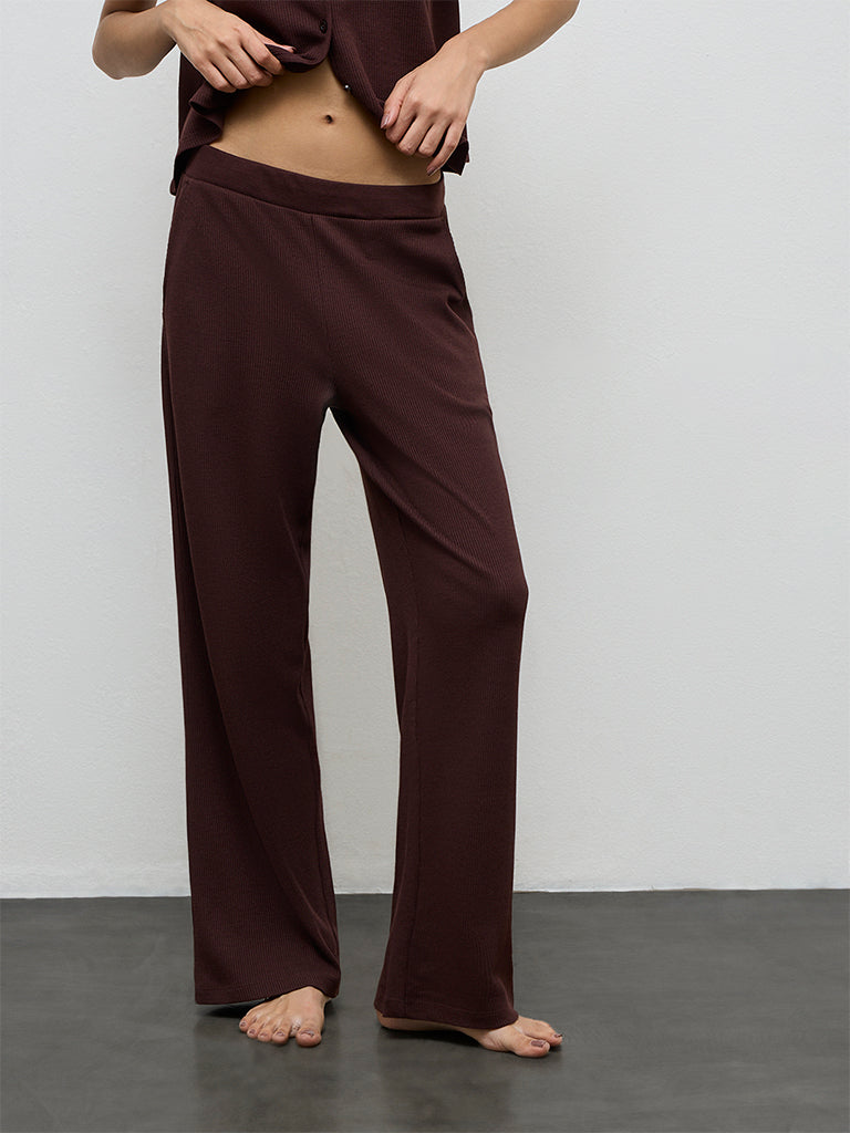 Superstar Brown Textured High-Rise Cotton Pants