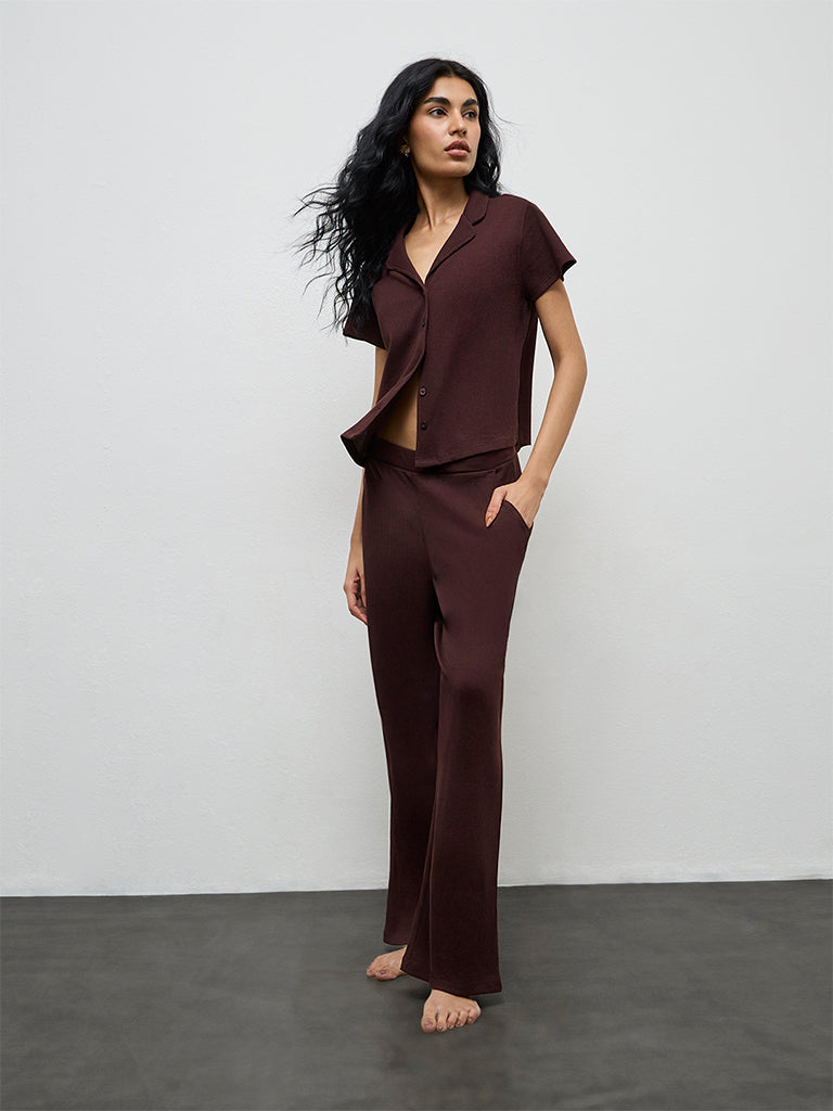 Superstar Brown Textured High-Rise Cotton Pants