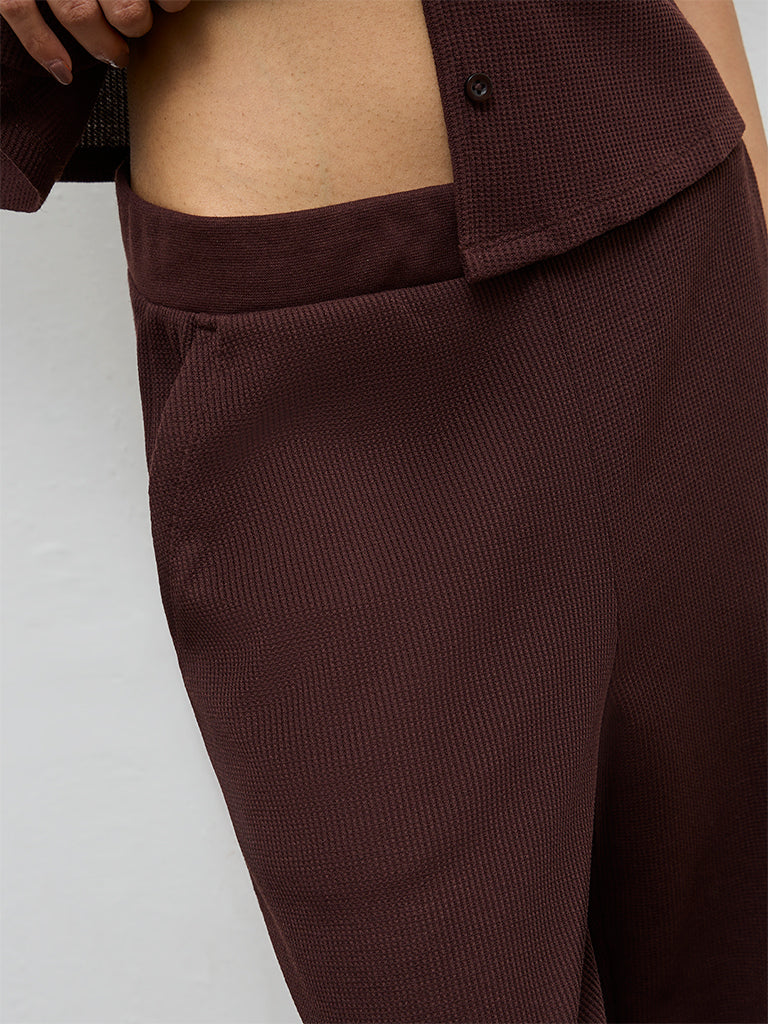 Superstar Brown Textured High-Rise Cotton Pants