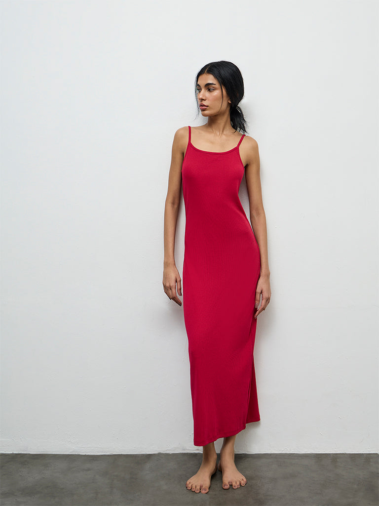 Superstar Red Ribbed Cotton-Blend Straight Lounge Dress
