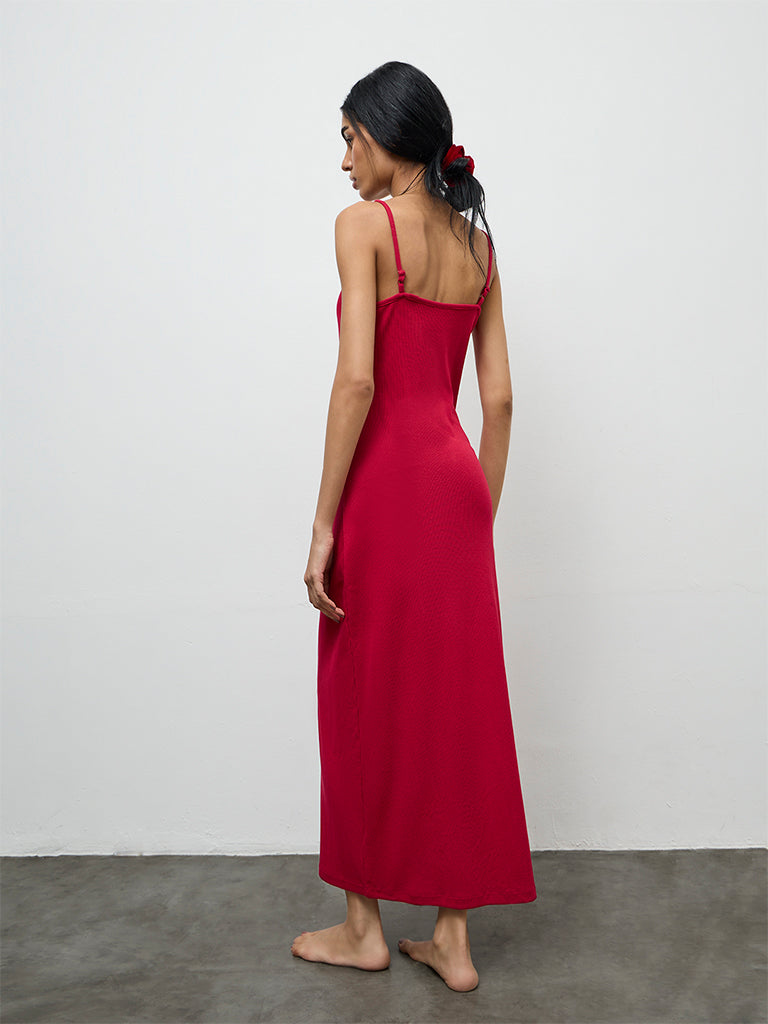Superstar Red Ribbed Cotton-Blend Straight Lounge Dress