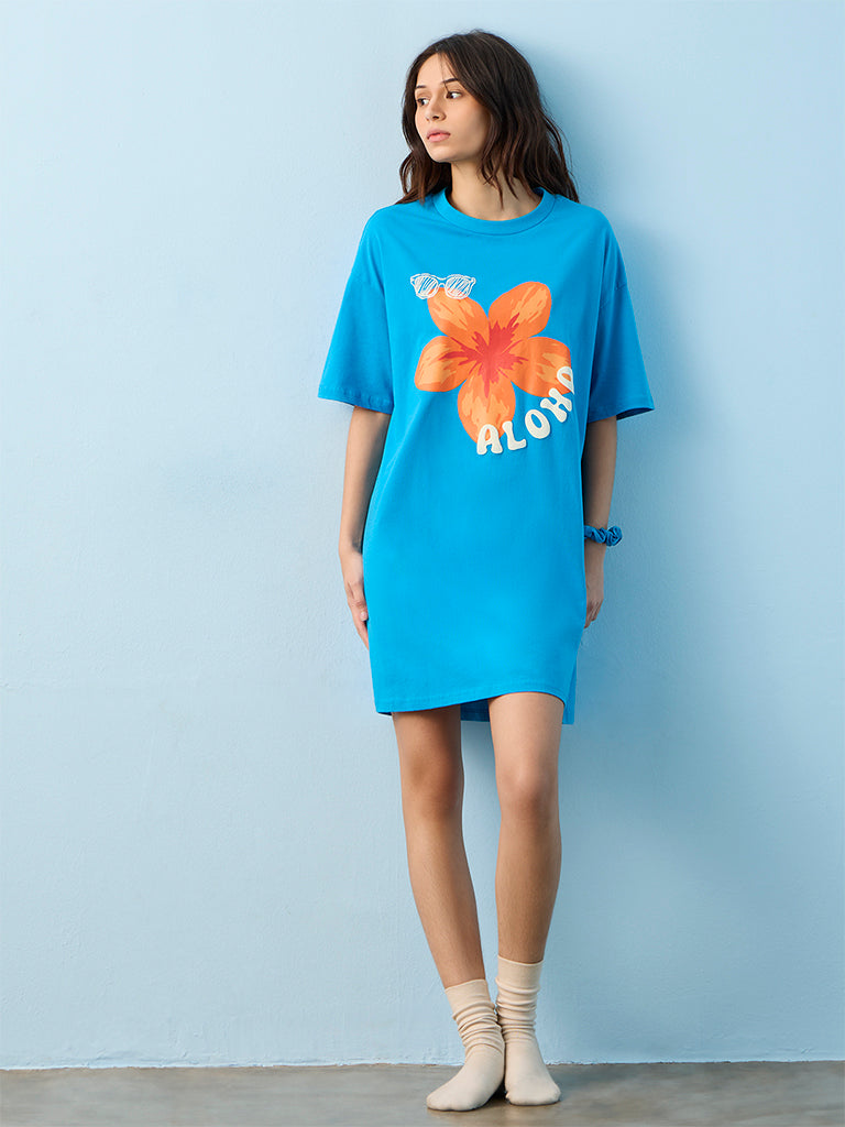 Superstar Blue Floral Printed Cotton T-Shirt Dress
