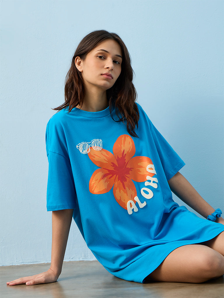 Superstar Blue Floral Printed Cotton T-Shirt Dress