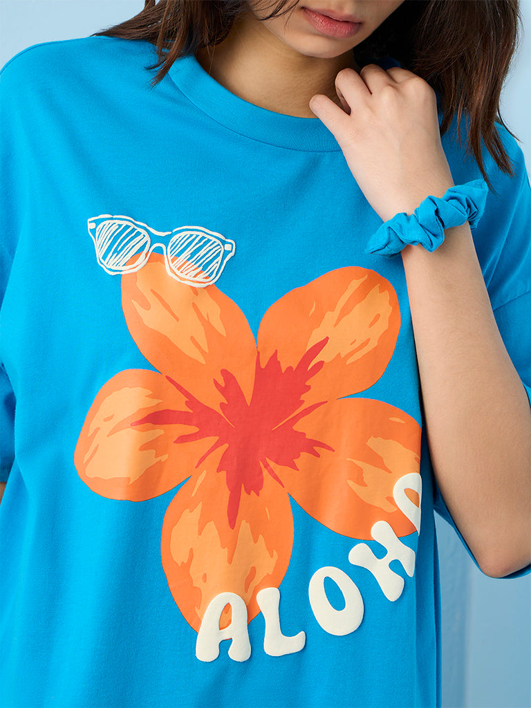 Superstar Blue Floral Printed Cotton T-Shirt Dress