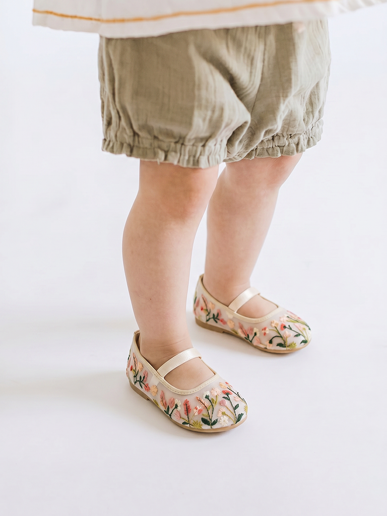 Yellow Pink Floral Embroidered Mary Jane Shoes