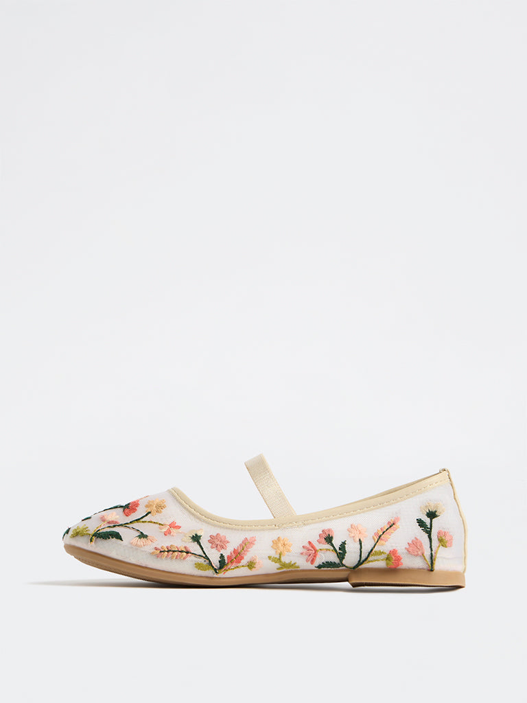 Yellow Pink Floral Embroidered Mary Jane Shoes