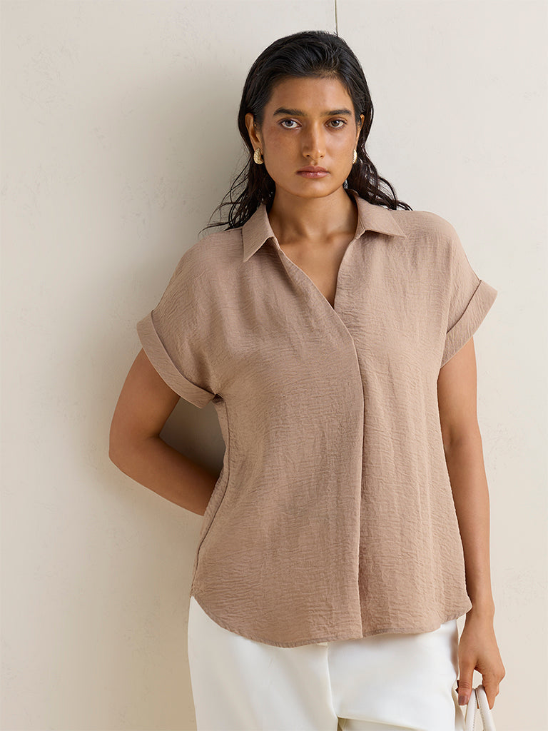 Wardrobe Beige Crinkle-Textured Blouse