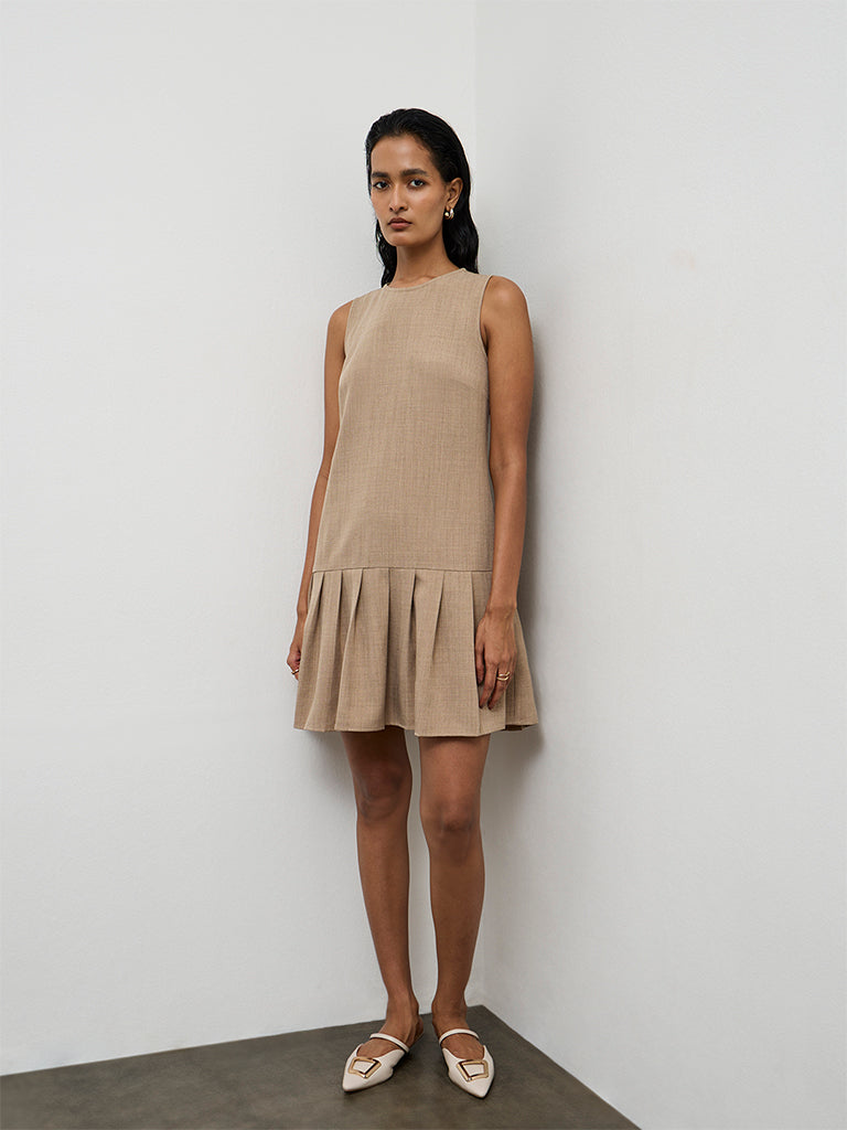 Wardrobe Beige Pleated Drop-Waist Dress