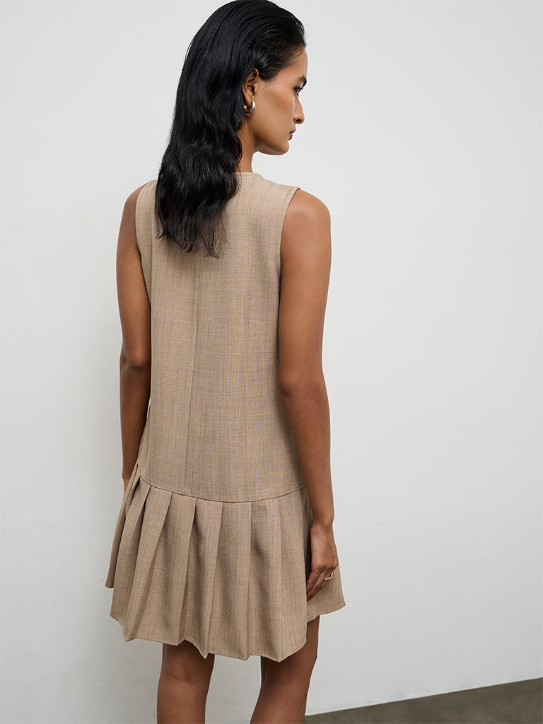 Wardrobe Beige Pleated Drop-Waist Dress