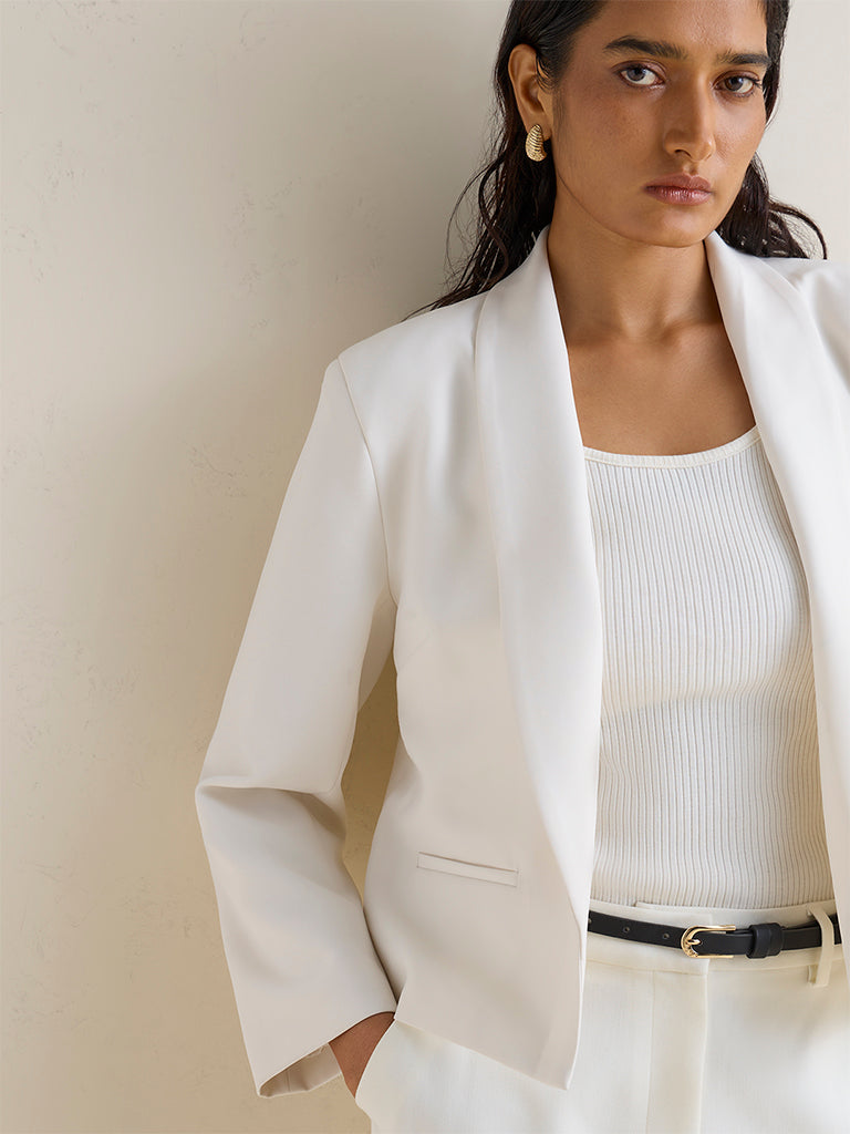 Wardrobe Ivory Solid Cotton-Blend Blazer