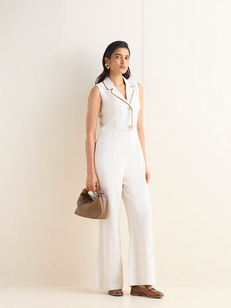 Wardrobe Off-White Solid Linen-Blend Jumpsuit