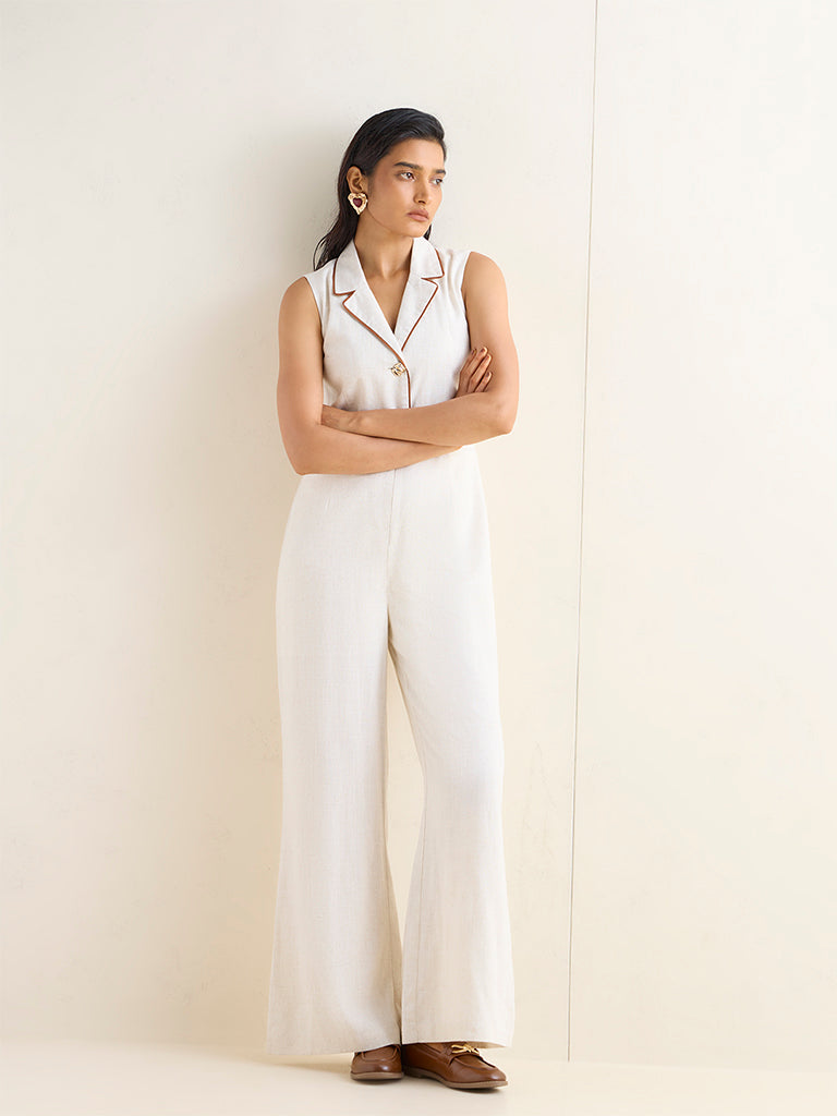 Wardrobe Off-White Solid Linen-Blend Jumpsuit