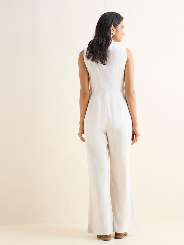 Wardrobe Off-White Solid Linen-Blend Jumpsuit