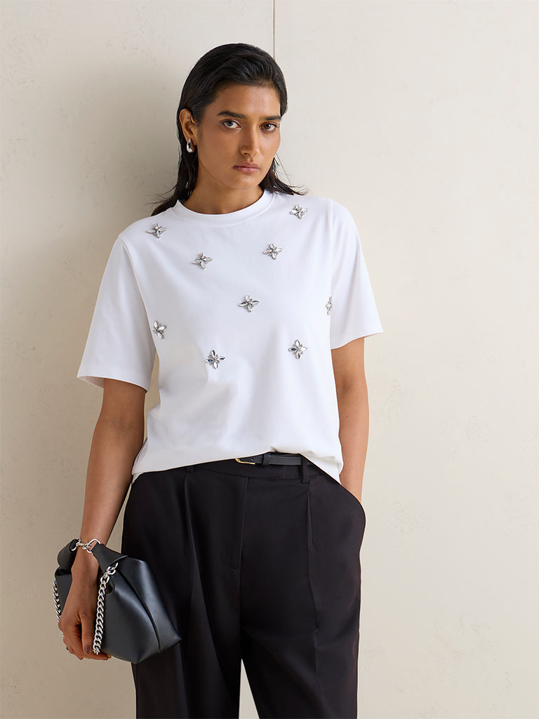 Wardrobe White Embellished Cotton-Blend T-Shirt