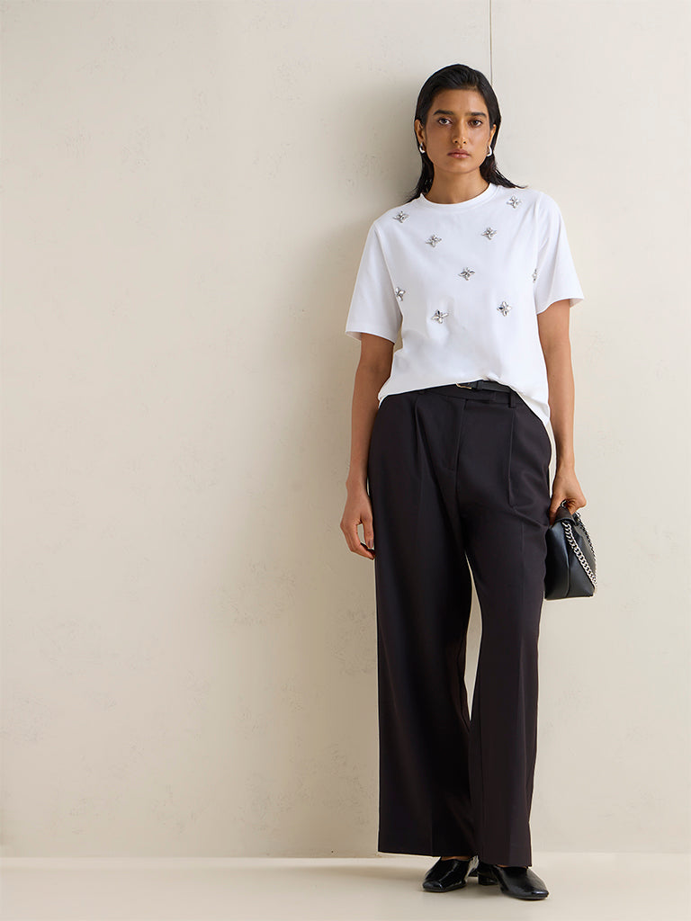 Wardrobe White Embellished Cotton-Blend T-Shirt