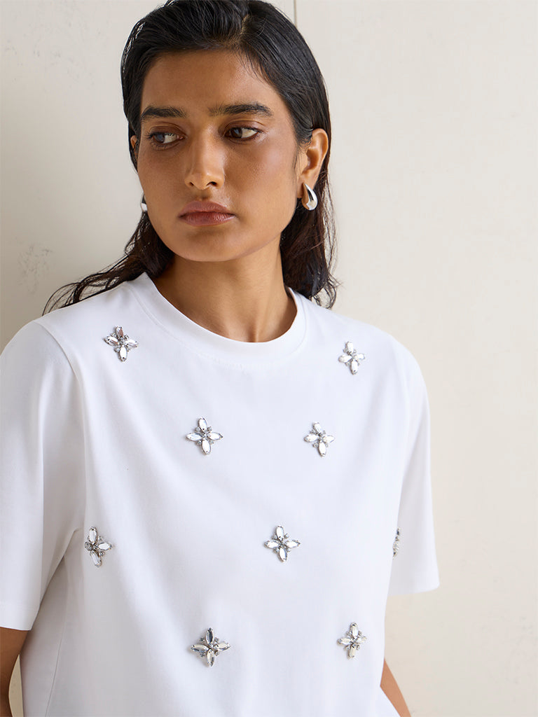 Wardrobe White Embellished Cotton-Blend T-Shirt