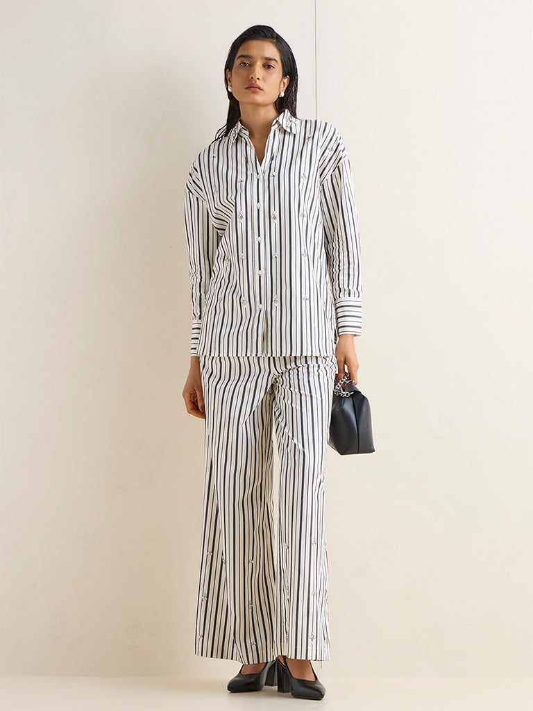 Wardrobe Off-White Diamante Embellished Striped Cotton High-Rise Pants