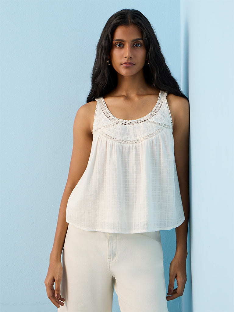 LOV Off-White Lace Detailed Linen-Blend Top