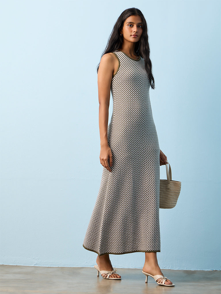 LOV Olive Chevron Design Linen-Blend A-Line Dress