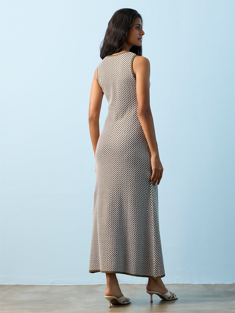 LOV Olive Chevron Design Linen-Blend A-Line Dress