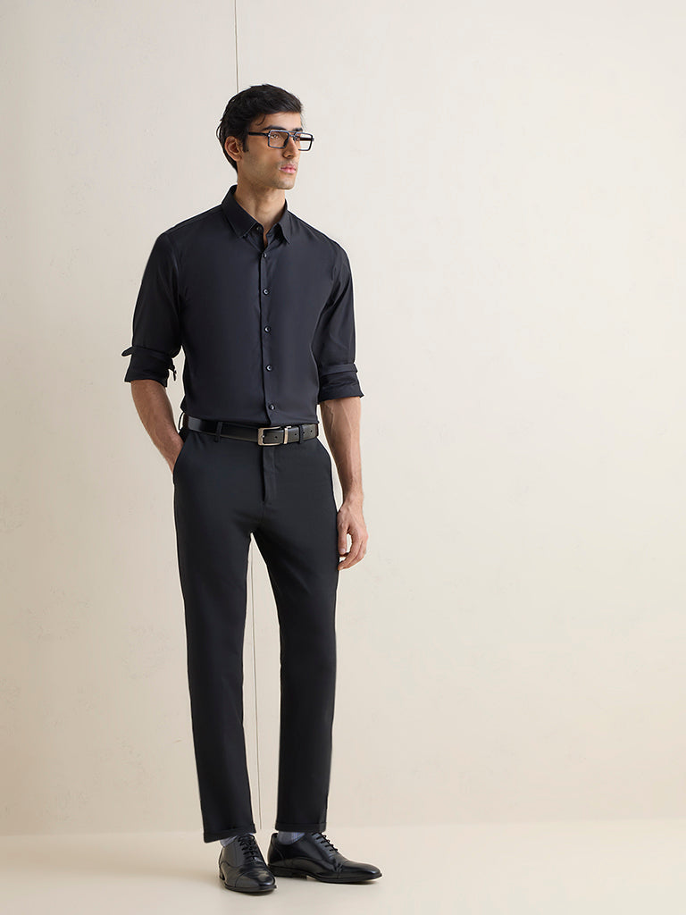 WES Formals Black Solid Slim-Fit Cotton Shirt