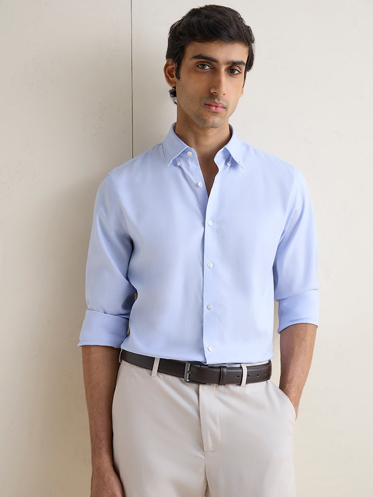 WES Formals Blue Solid Slim-Fit Cotton Shirt