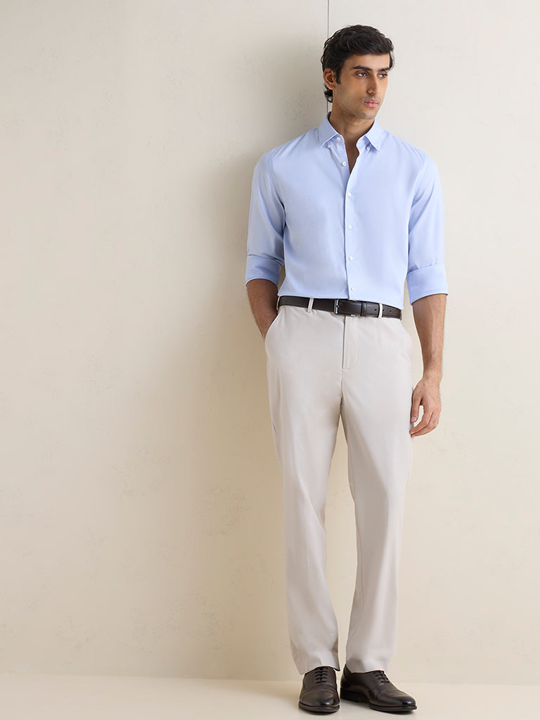WES Formals Blue Solid Slim-Fit Cotton Shirt