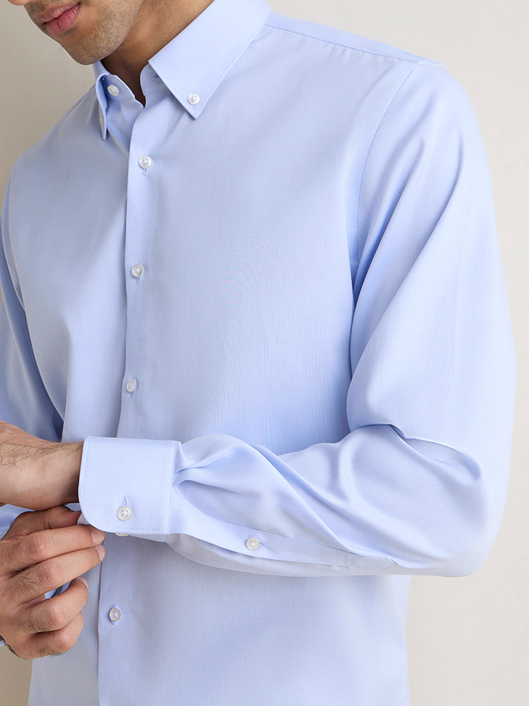 WES Formals Blue Solid Slim-Fit Cotton Shirt